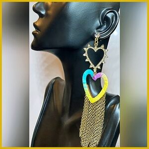 Noir Double Heart Gemstone Tassel Earrings